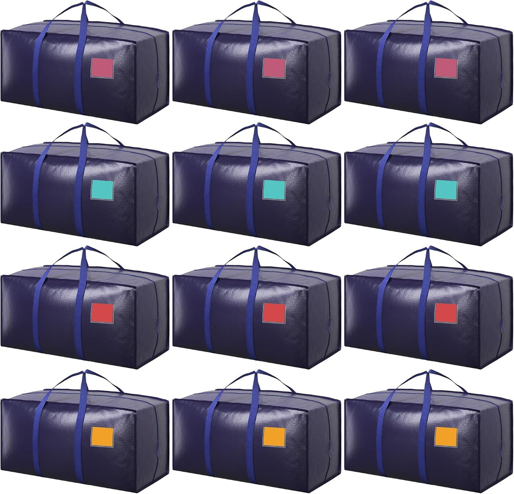 Paquete de 12 bolsas de mudanza con cremallera lateral completamente abierta, extra grandes de 93 L, resistentes, impermeables, plegables, para dormitorio universitario, organización de mudanzas y hogar, color azul oscuro