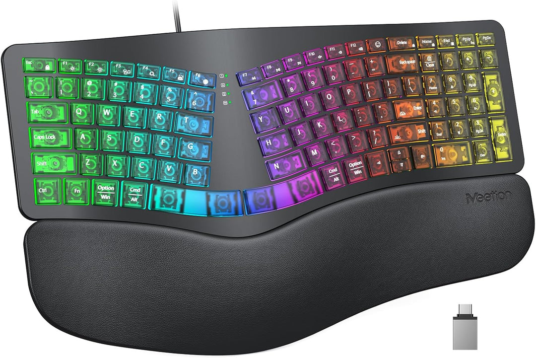 MEETION Ergonomic Keyboard Wired, 7 Colors Transparent Backlit, 4 B...
