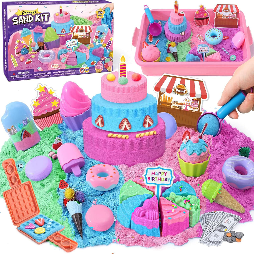 Golray - Juego de arena sensorial de helado para niñas, kit de arte de arena con caja de arena, 2 libras de arena mágica, moldes de pastel y gofre, juguetes de postres de juego de roles, juego de