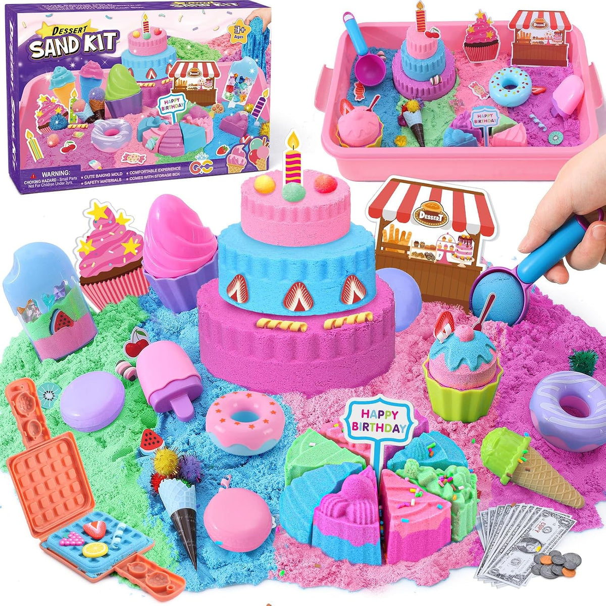 Golray - Juego de arena sensorial de helado para niñas, kit de arte de arena con caja de arena, 2 libras de arena mágica, moldes de pastel y gofre, juguetes de postres de juego de roles, juego de