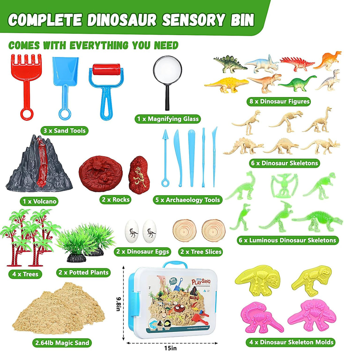Kit de arena sensorial de dinosaurio, caja de arena sensorial con