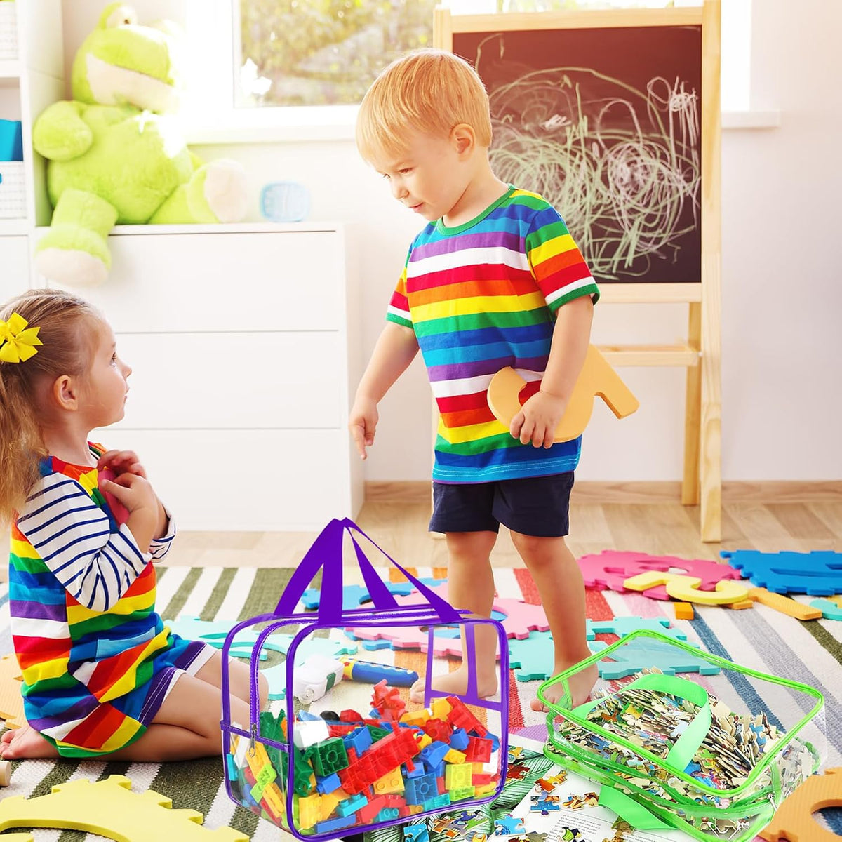 6 Colors L & XL Toy Storage Bags con Labels Reusable Clear Toy Organizer