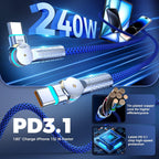 Cable USB C a USB C de 10 pies, 240 W, paquete de 2 cables de carga tipo C trenzados giratorios de 180°, carga rápida para iPhone 15/16/16Pro/16Plus/16ProMax, MacBook Air, iPad Pro, Pixel, Samsung Galaxy S23/S24 Ultra Azul