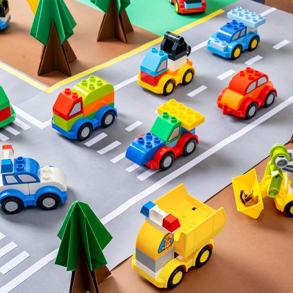 JOYIN Juego de 80 bloques de construcción de automóviles para niños pequeños, 12 vehículos diferentes, construye tus propios autos de juguete, compatible con ladrillos de construcción de marca para