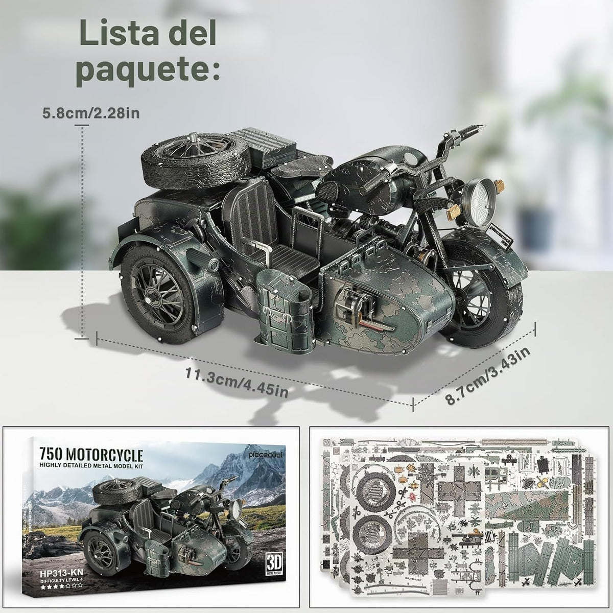 Piececool - Rompecabezas 3D para adultos, kits de construcción de modelos de metal de motocicleta con sidecar para tiempo en familia, artes y manualidades de sidecar para armar uno mismo, los mejores