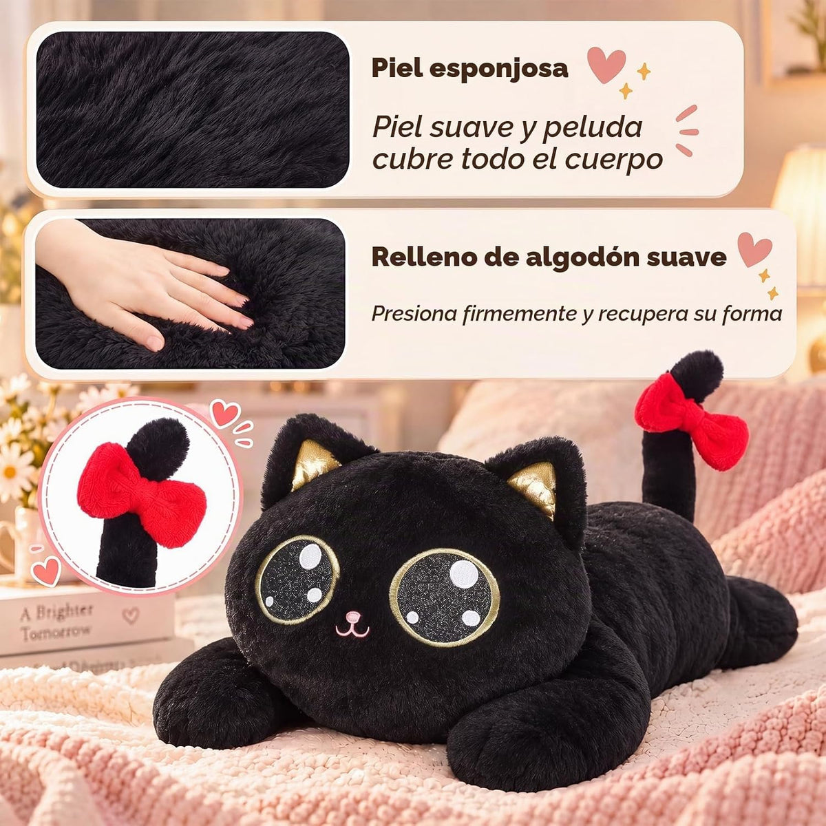 meowtastic Peluches de Gato Negro Pesados, Almohada de felpa para niños