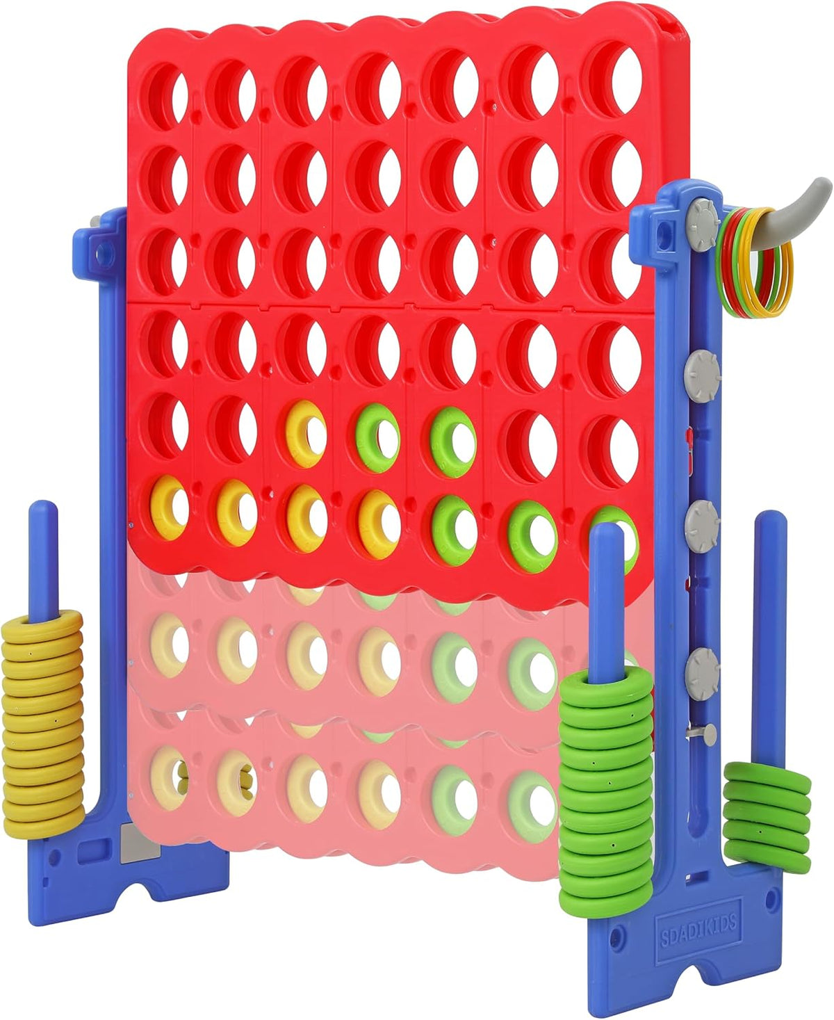 SDADI - Juego gigante ajustable en altura de 4 en fila, juego Jumbo 2-en-1 de 4 anotaciones con juego de lanzamiento de anillos, juego de patio para interiores y exteriores para niños, adultos y