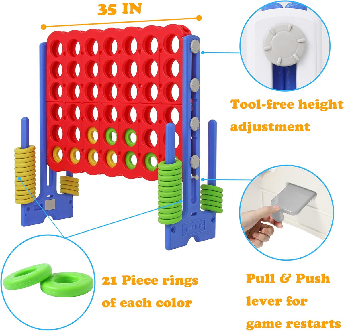 SDADI - Juego Jumbo de 4 en fila, juego gigante de 4 a puntuación con altura ajustable (0.76-1.07 m) para niños y adultos, juego de conexión para interiores y exteriores con deslizador de liberación