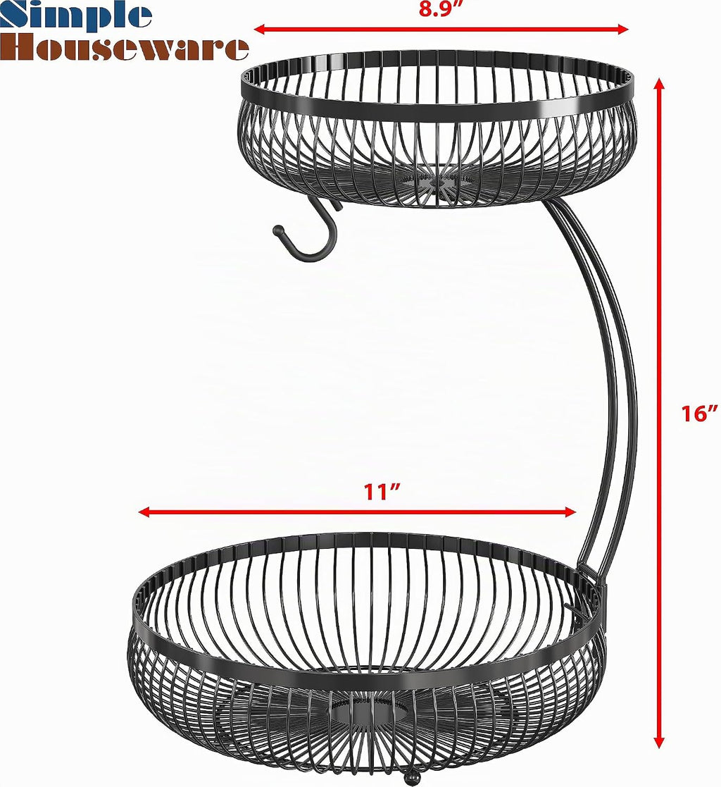 Simple Houseware Cesta de frutas de 2 niveles para encimera con colgador de plátano, color negro
