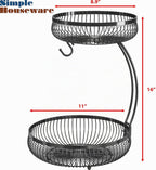Simple Houseware Cesta de frutas de 2 niveles para encimera con colgador de plátano, color negro
