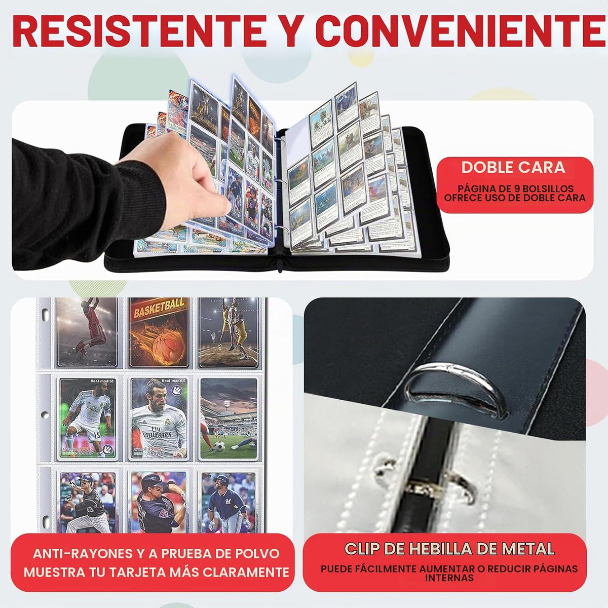 Carpeta de tarjetas 1008 con 9 bolsillos, carpeta de 3 anillos para tarjetas intercambiables con 56 páginas extraíbles, alto almacenamiento, impermeable, soporte para tarjetas de colección