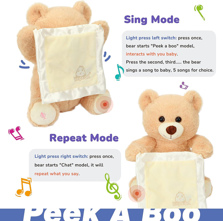 Hopearl Peek A Boo Bear con manta de seguridad, interactivo, repite...