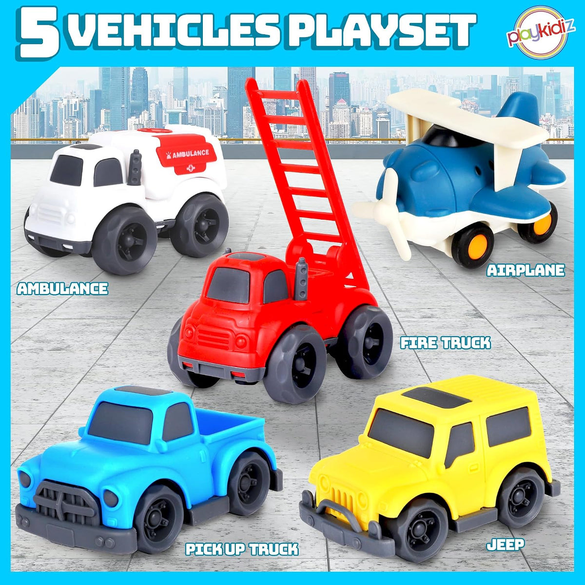 Paquete de 5 juguetes para niños pequeños, autos de juguete, incluyendo avión, camión de bomberos, ambulancia, camión de recogida y Jeep, regalo ideal para edades de 3 a 5 años (los colores pueden variar)