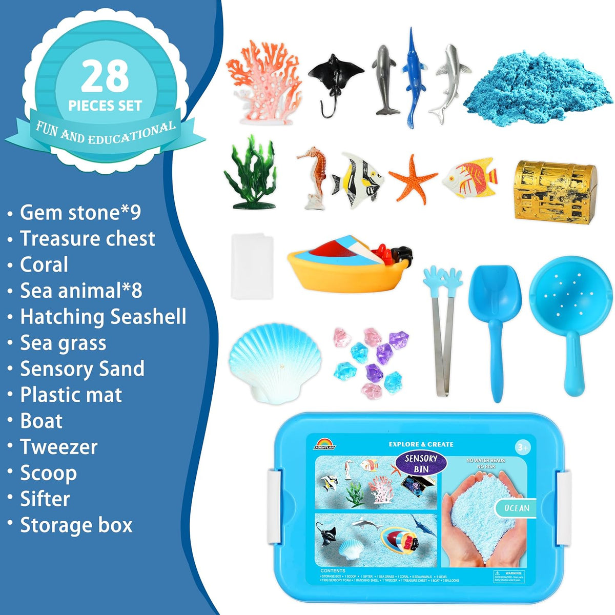 Ocean Sensory Bin con Sensory Sand, Ocean Toys para Kids
