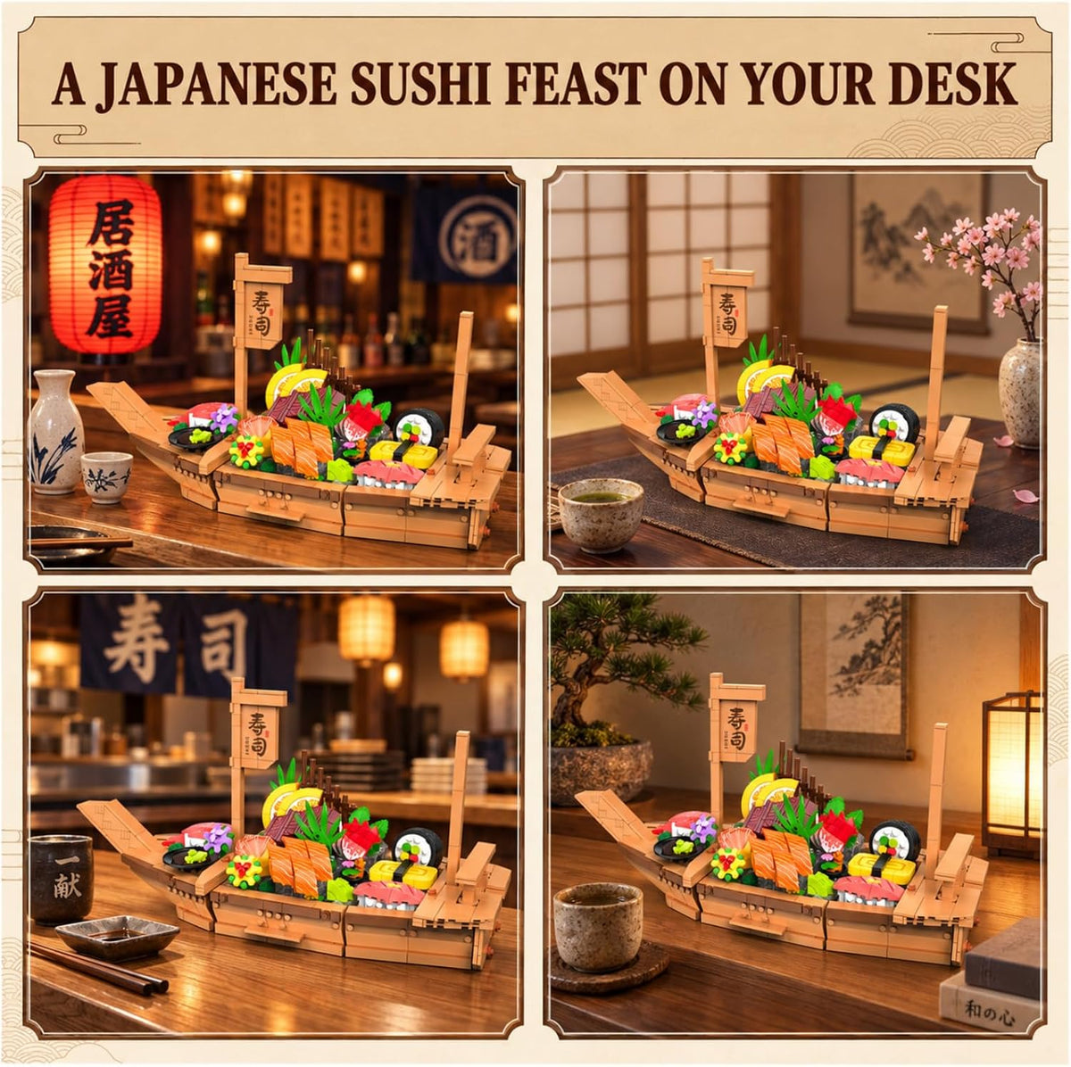 Juego de bloques de construcción de barco de sushi japonés grande