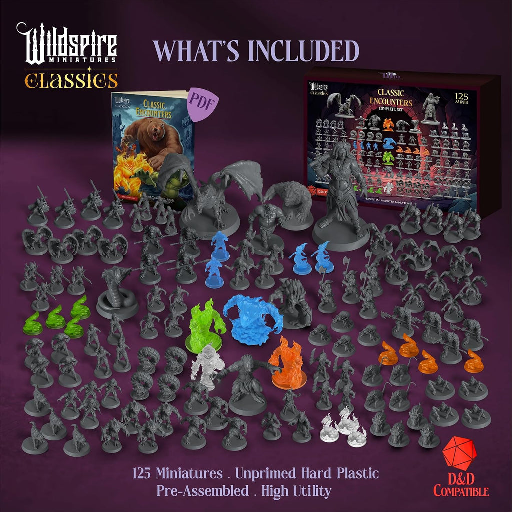 Encuentros clásicos – 125 miniaturas icónicas de DND a granel, sin pintar 1.102 in para D&D Minis, miniaturas DND, figuras de dragones de mazmorras, minifiguras, accesorios de mesa de fantasía