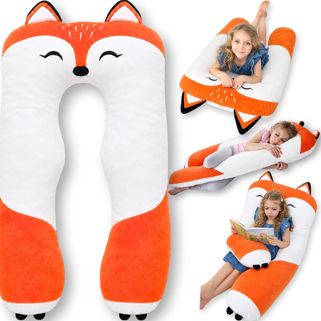 Almohada de cuerpo en forma de zorro para niños - Almohada larga de felpa suave en forma de U de 47" para niños, para dormir, leer, comodidad para ADHD y necesidades especiales, ansiedad