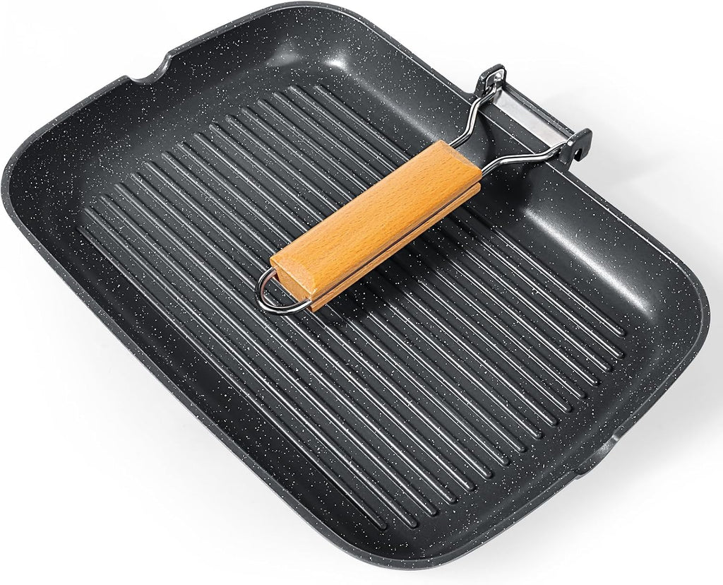 GiPP Sartén antiadherente con mango plegable, sartén cuadrada para parrilla, sartén para asar con boquillas de vertido, sartén versátil para todas las estufas, libre de PFOA, 13.4 pulgadas