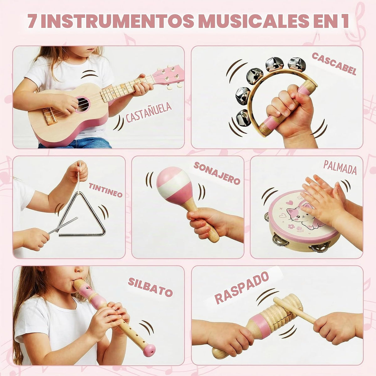 7 en 1 Kids Wooden Musical Instruments, Montessori Toddler Toys