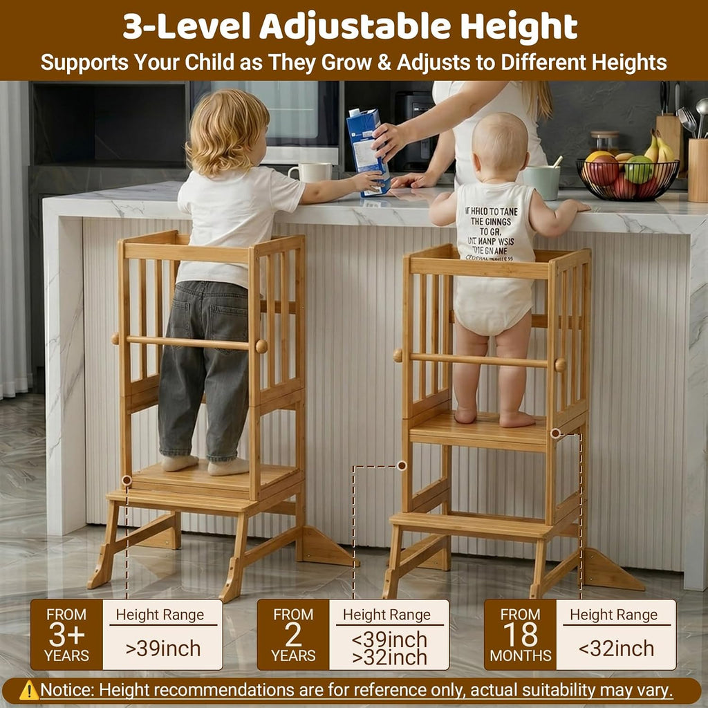 COSYLAND Torre de Pie para Niños Pequeños - Taburete Ayudante de Cocina de Altura Ajustable para Niños Pequeños - Taburete Escalón de Cocina para Niños para Aprender con Barandilla de Seguridad