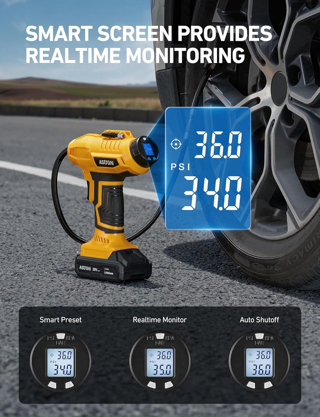 AstroAI Inflador inalámbrico de neumáticos de auto y moto, compreso...