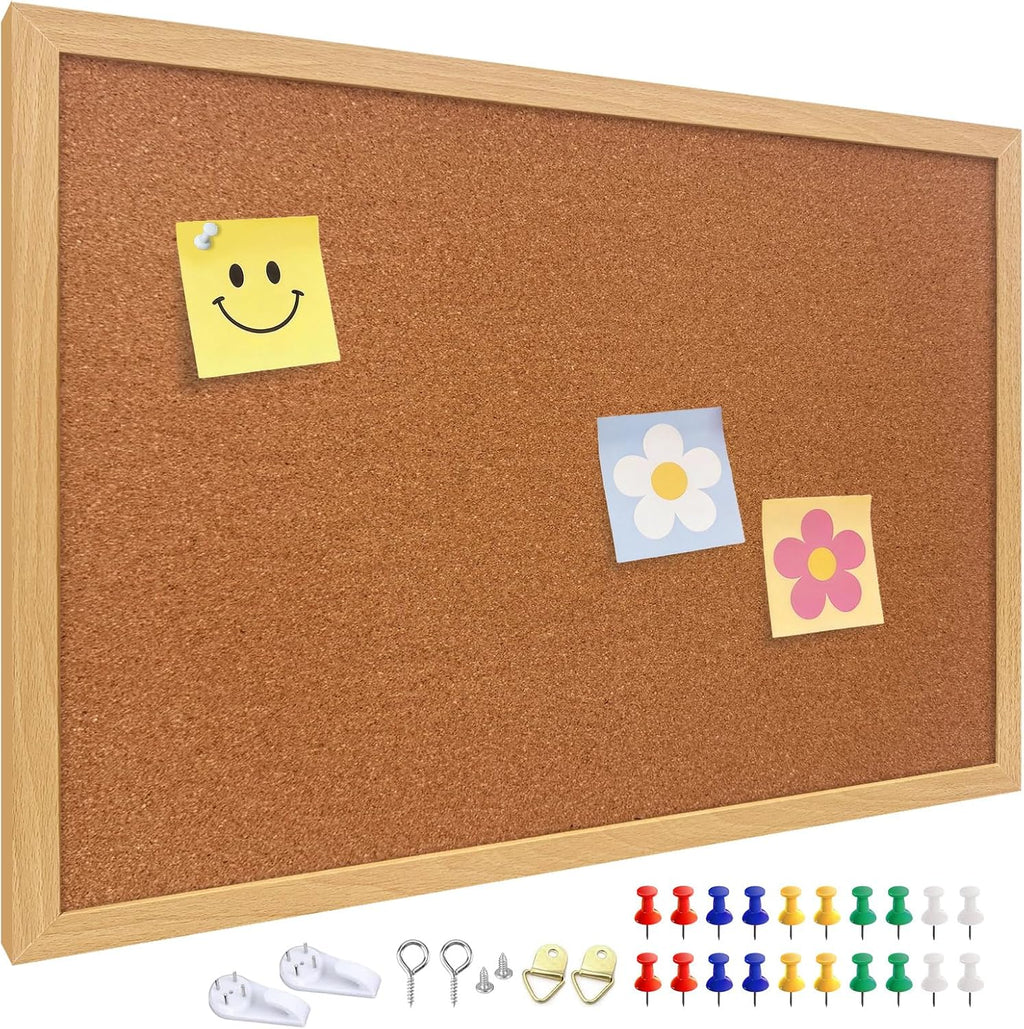 Tablón de anuncios de corcho, 24 x 36 pulgadas con marco de acabado de madera de roble, para pared, oficina, hogar y escuela