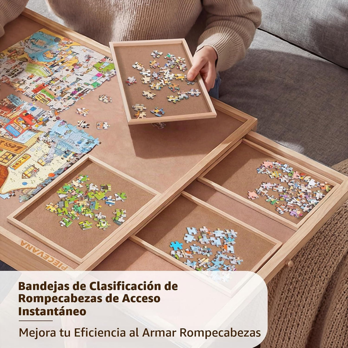 Mesa de rompecabezas con patas, 2 cajones y 6 bandejas de