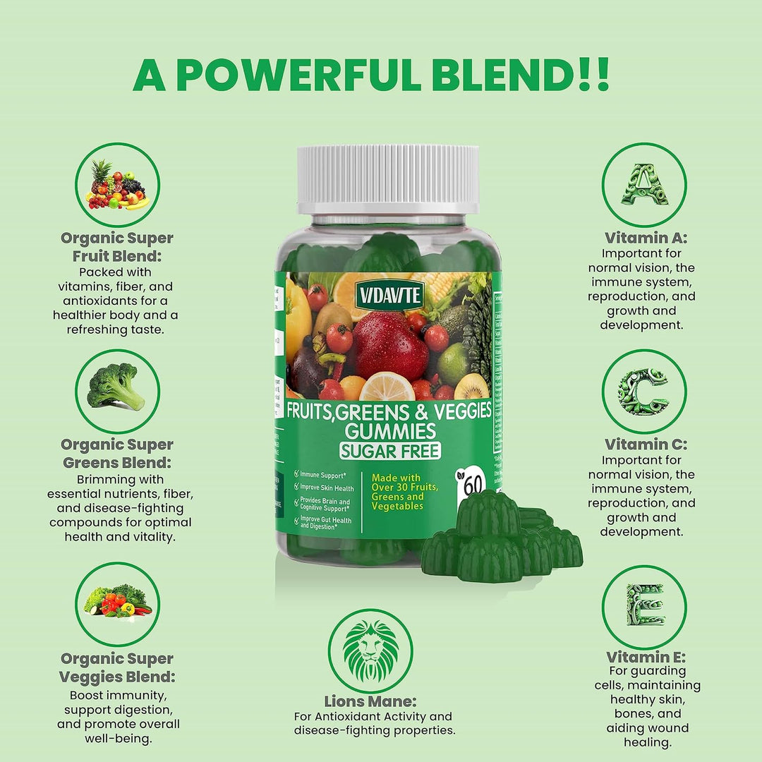 VIDAVITE Gomitas Super Greens sin azúcar, hechas en Estados Unidos,...