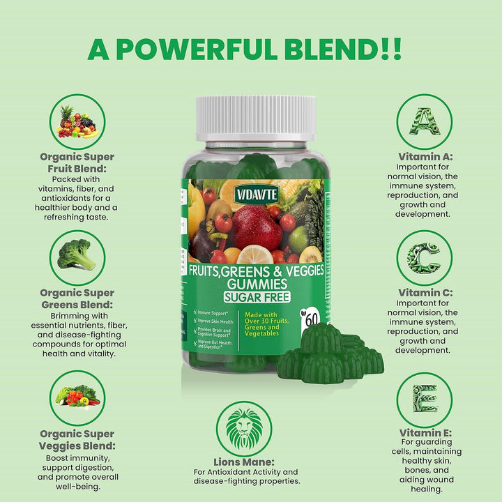 VIDAVITE Gomitas Super Greens sin azúcar, hechas en Estados Unidos,...