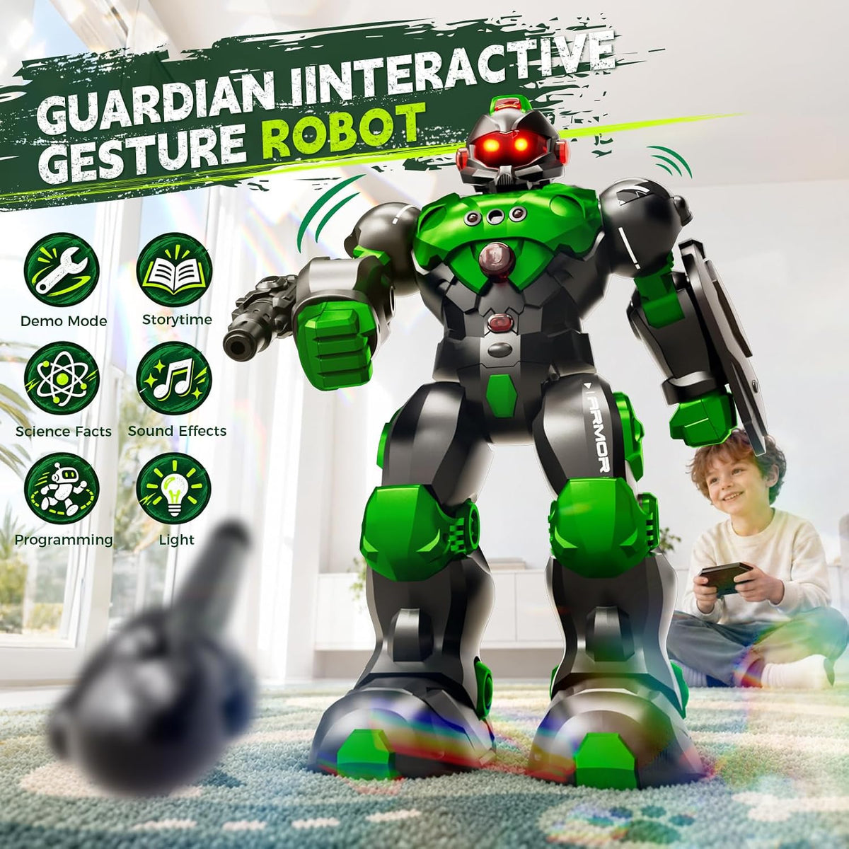 STEMTRON Robot de juguete para niños, robot programable de control remoto con detección inteligente de gestos, recarga, modo de canto y baile, lanzador (verde)