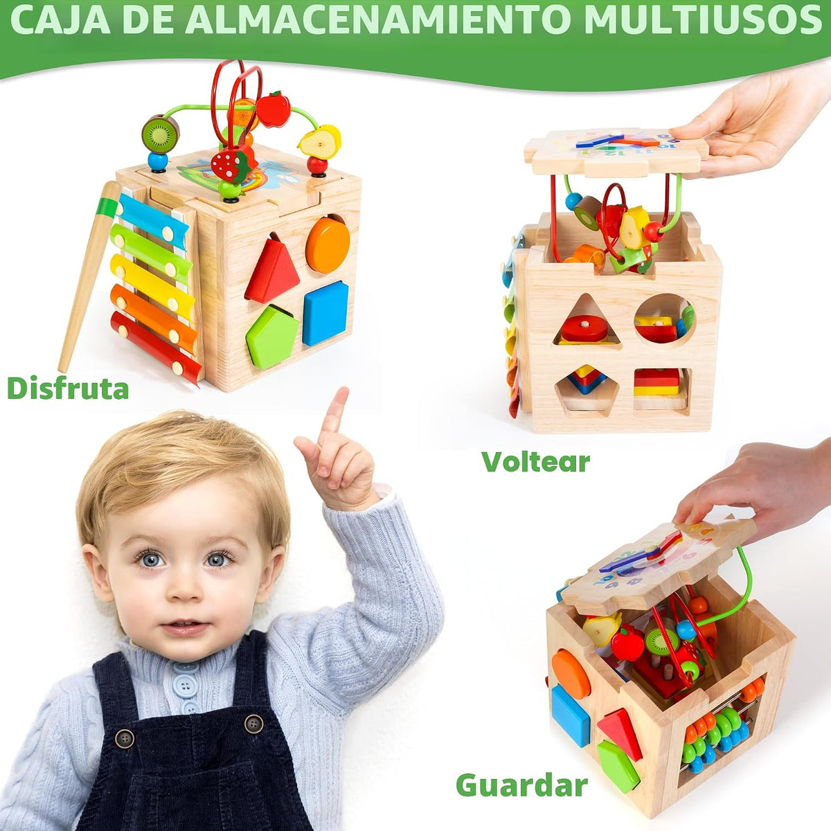 Cubo de actividad para bebé de madera 8 en 1 - Xilófono, clasificador de formas, ábaco | Juguetes de regalo de 1er cumpleaños para niños de 1 2 3 años | Juguete educativo montessori para niños