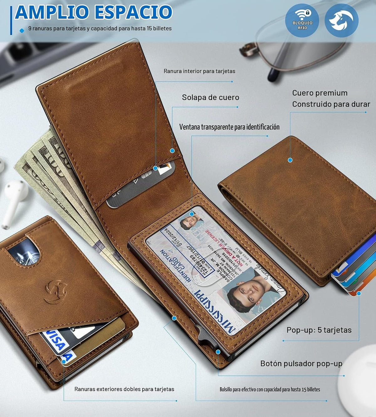 Cartera para hombre, tarjetero desplegable delgado con bloqueo RFID, billetera plegable minimalista con 9 ranuras para tarjetas, ventana de identificación y bolsillo para efectivo, funda de