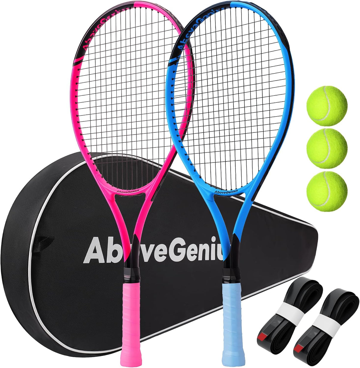 Paquete de 2 raquetas de tenis neón para adultos, juego de raquetas de tenis de aluminio ligeras de 27 pulgadas con 3 pelotas y bolsa, acabado mate vibrante de alta visibilidad para