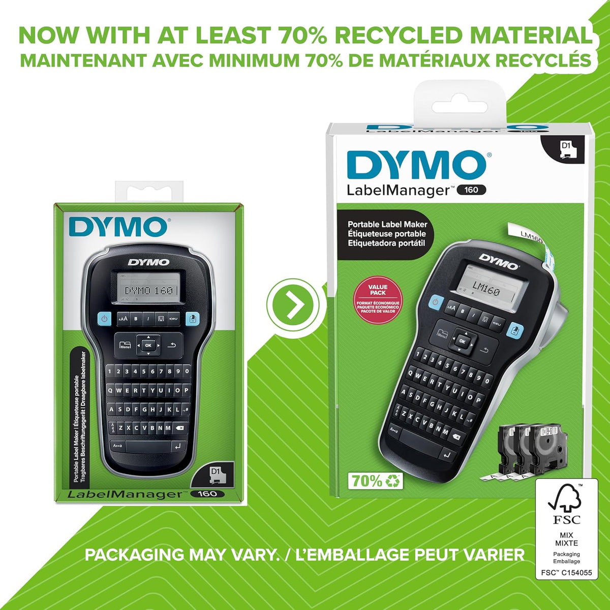DYMO LabelManager Paquete de 160 etiquetadoras con 3 casetes de etiquetas D1, portátil de mano, teclado QWERTY, teclas inteligentes de un solo toque, pantalla grande, organización del hogar y la oficina