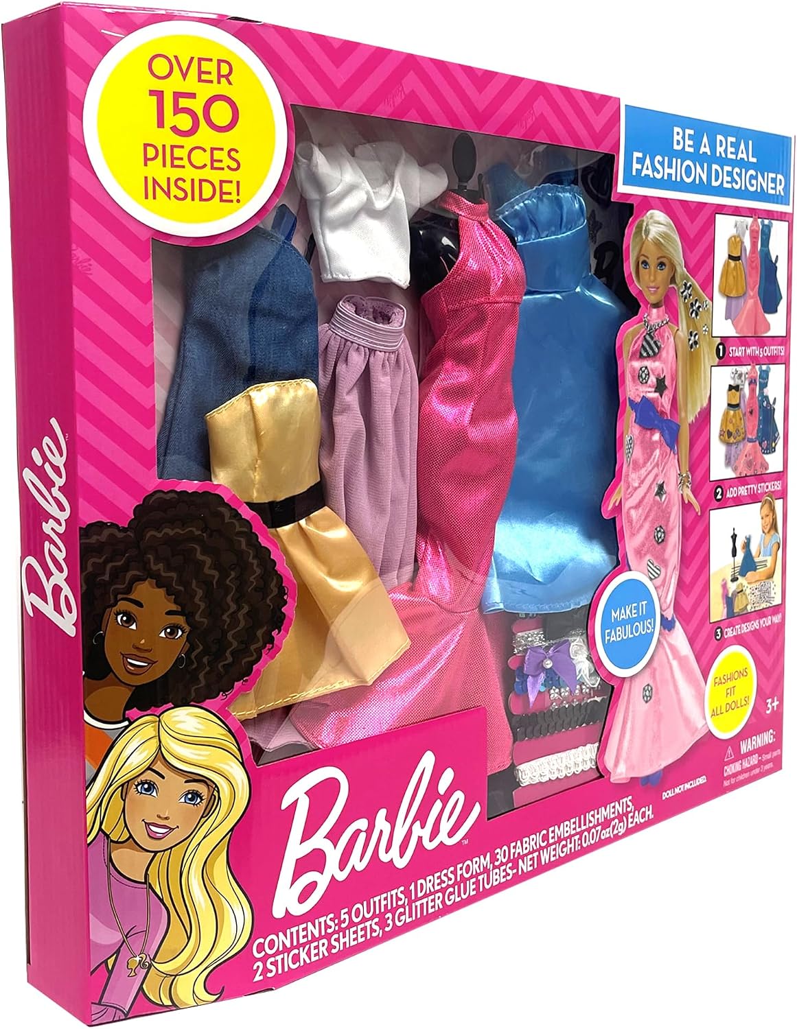 Tara Toys Barbie Sé una verdadera diseñadora de modas Set clásico de kit de ropa de muñeca DIY para niñas con tela, cintas, pegatinas y libro de bocetos Juguetes de moda creativa para niñas de 6 años