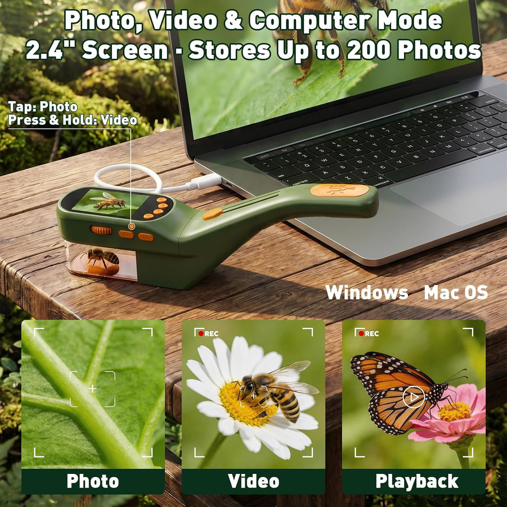 SEEKID Atrapa insectos para niños con pantalla de 2.4 pulgadas, kit de atrapador de insectos con grabación de fotos y video, kit de observación de insectos de mano, juguete de exploración científica
