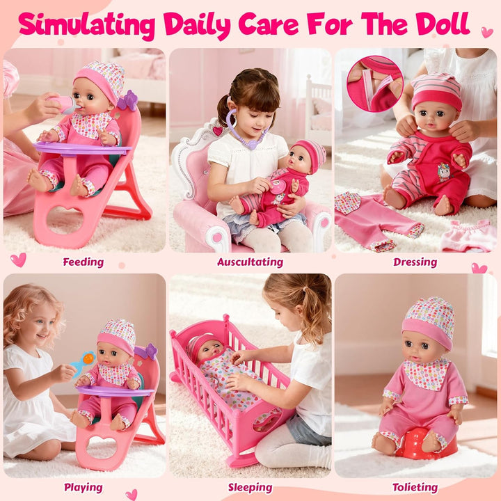 DRAMATION Juego de muñeca bebé de 12 pulgadas con cuna y silla alta...