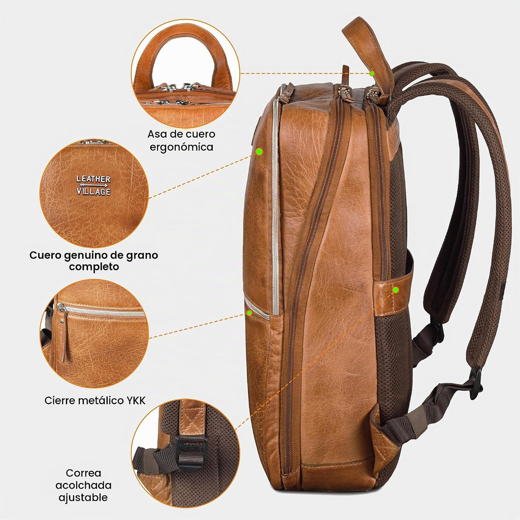 LEATHER VILLAGE Mochila de cuero para computadora portátil para hombres con correa de carretilla 16L Slim