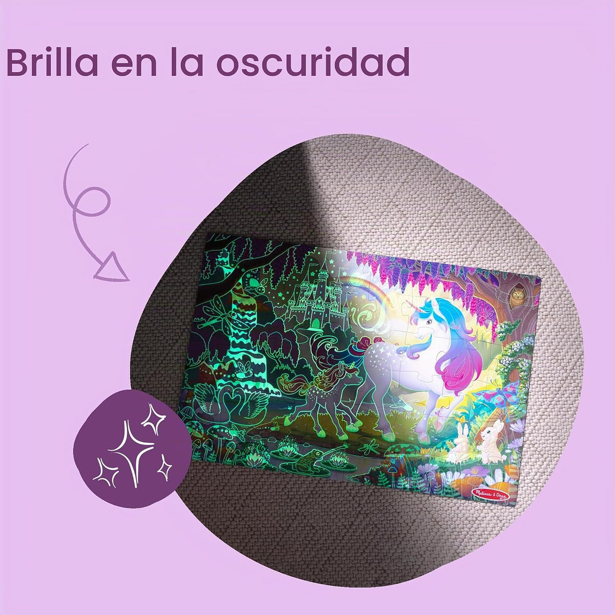 Melissa & Doug Rompecabezas de unicornio gigante que brilla en la oscuridad, rompecabezas de 48 piezas con detalles ocultos, rompecabezas para niños para niñas y niños a partir de 4 años - Certificado