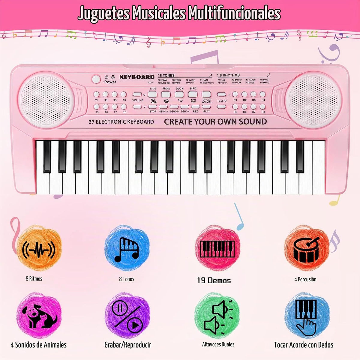 Teclado de piano de juguete para niños, 37 teclas, pianos musicales, juguetes con micrófono