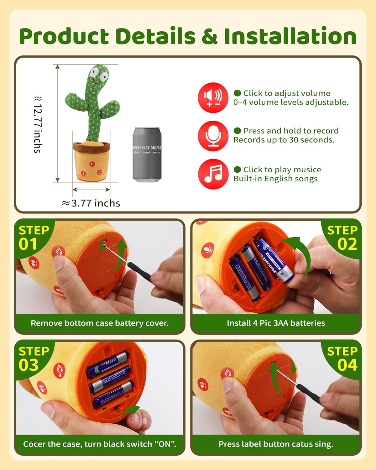 TWORIVER - Juguete de cactus parlante y bailarín de volumen ajustable, verde, No recargable