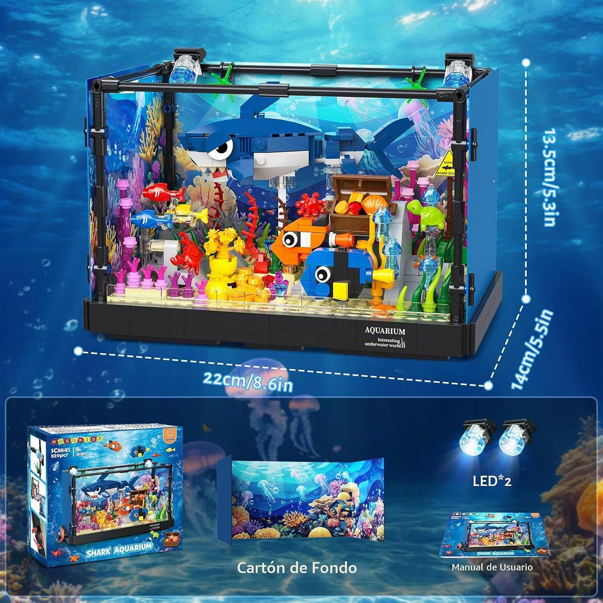 HOGOKIDS Juguete Acuario de Tiburones para Armar con Animales Móviles y Luz para Niños