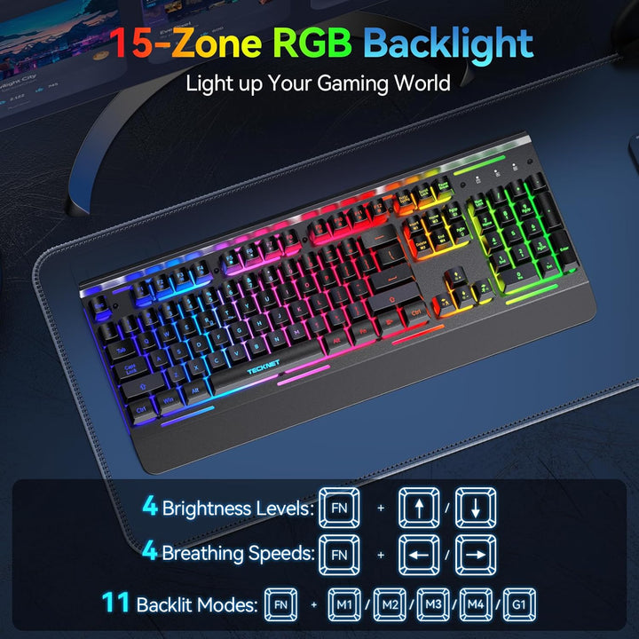 TECKNET Teclado inalámbrico para juegos, teclado recargable 2 en 1...