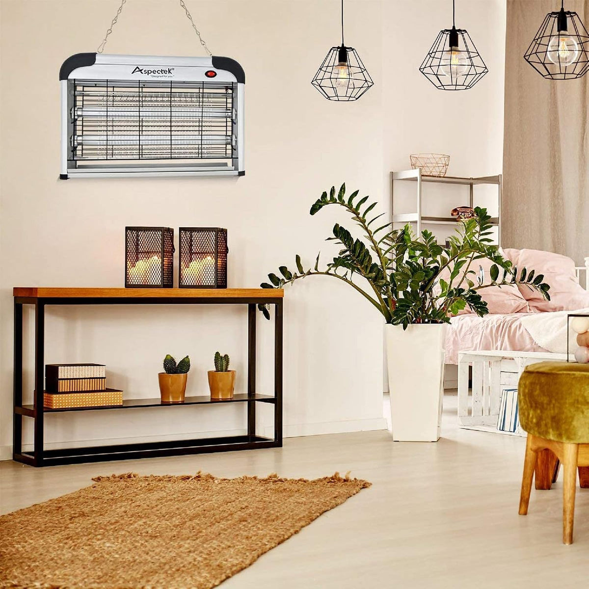 ASPECTEK Exterminador de insectos eléctrico de 20 W, mata insectos para interiores y exteriores cubiertos, trampa para mosquitos, moscas y polillas con malla protectora y cadena colgante para una