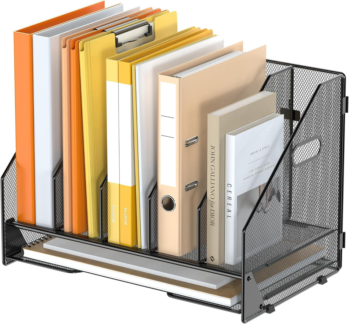 Organizador de Carpetas de Archivos de Escritorio - 5 Compartimentos Verticales con Estantes y Bandeja para Cartas de Papel, Clasificador de Portaarchivos de Revistas de Malla, Accesorios de