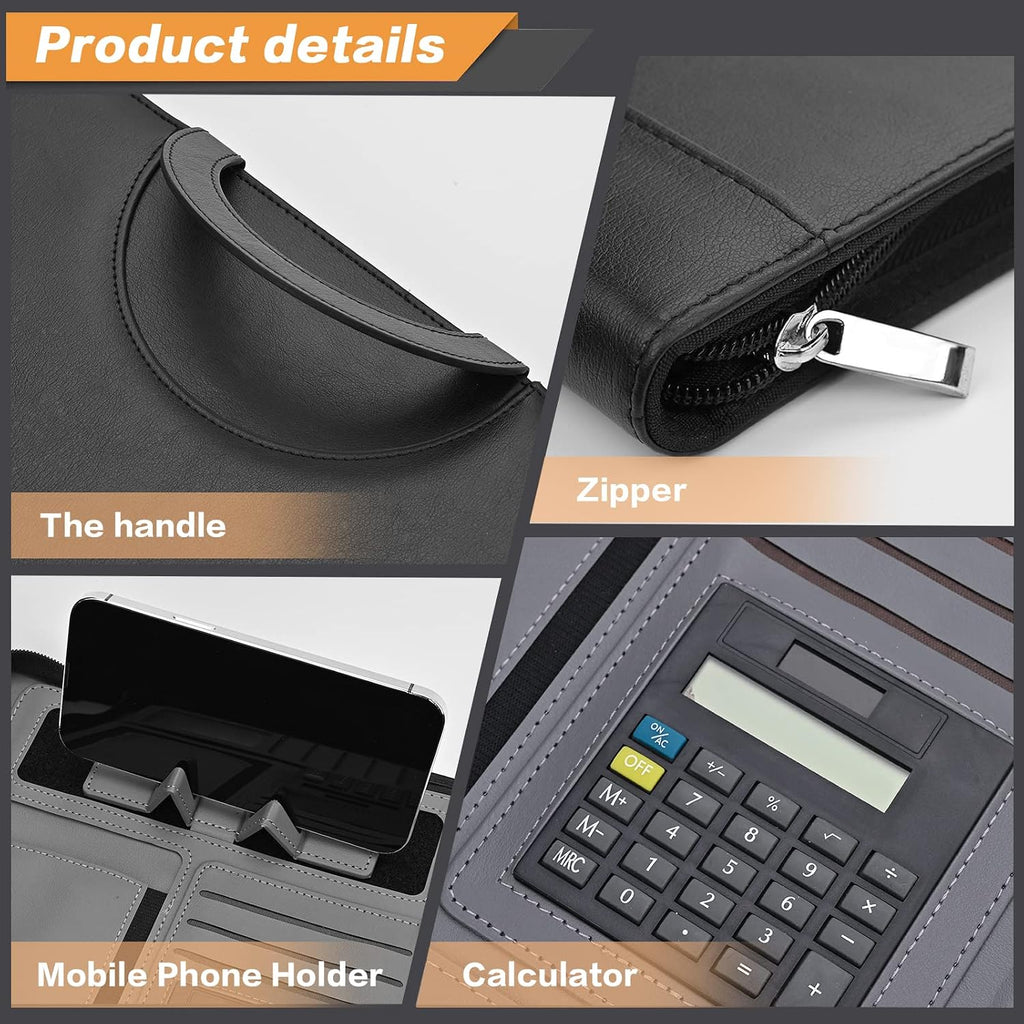 Padfolio - Carpeta de cartera de negocios de cuero vegano con calculadora - Portafolio con cremallera para mujeres y hombres