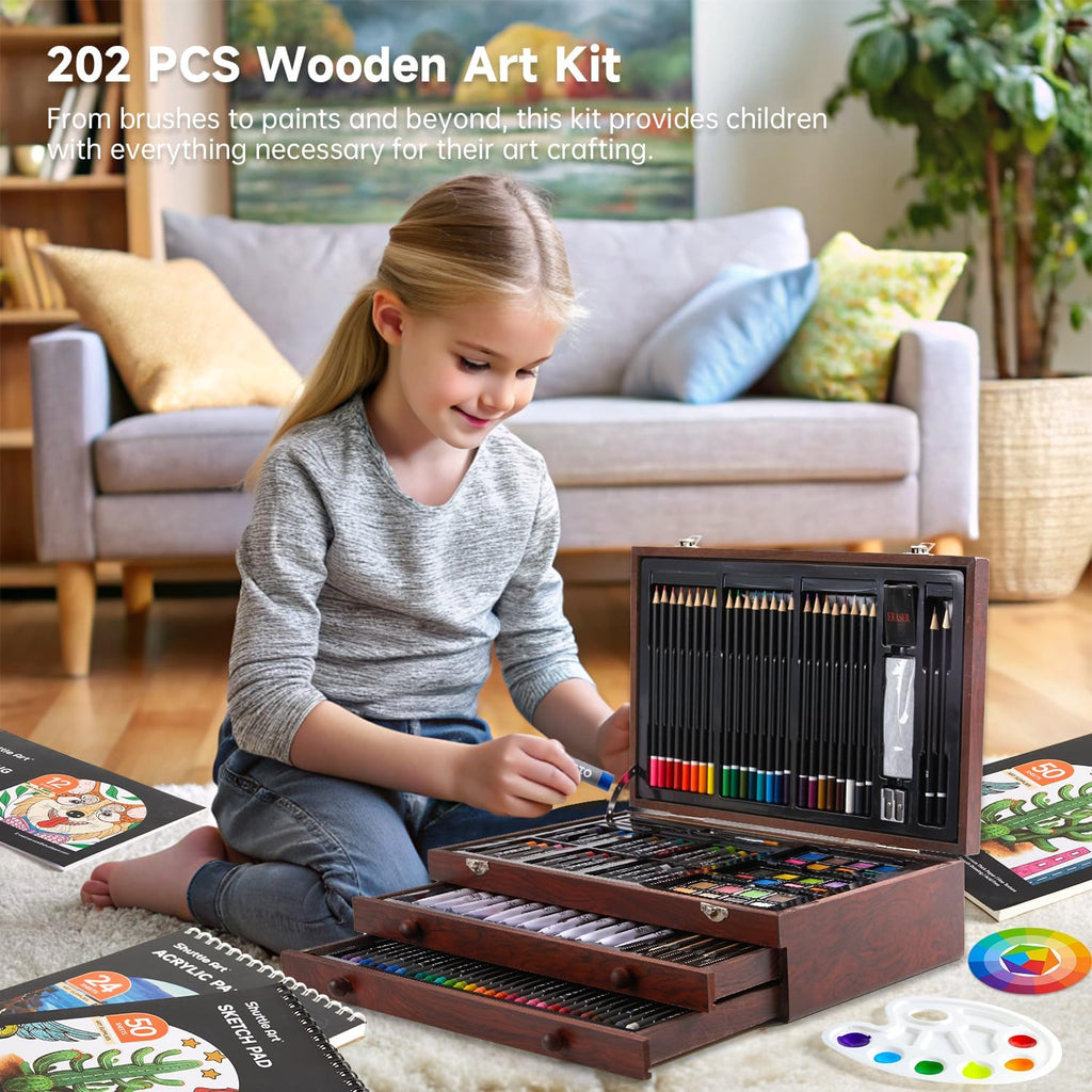 Shuttle Art - Juego de regalo de arte de lujo, set de 202 piezas de suministros de arte de madera con 4 blocs de dibujo, lienzos, hojas para colorear, pintura acrílica, crayones, pasteles al óleo