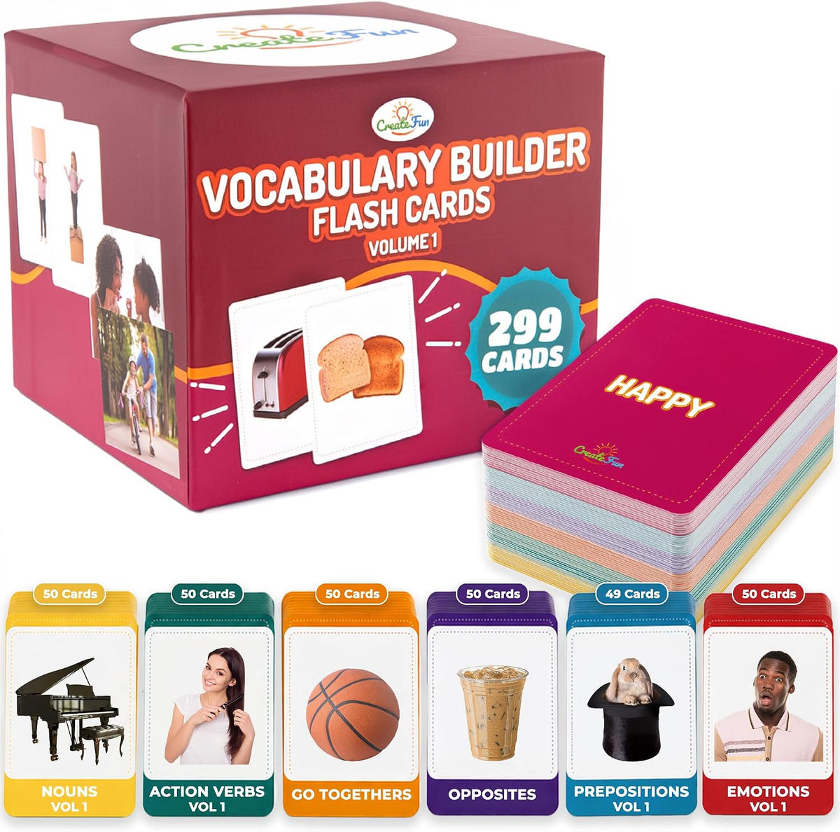 299 tarjetas flash de construcción de vocabulario, tarjetas de fotos educativas para el hogar, materiales de terapia del habla, materiales de enseñanza de ESL incluye emociones, elementos que van