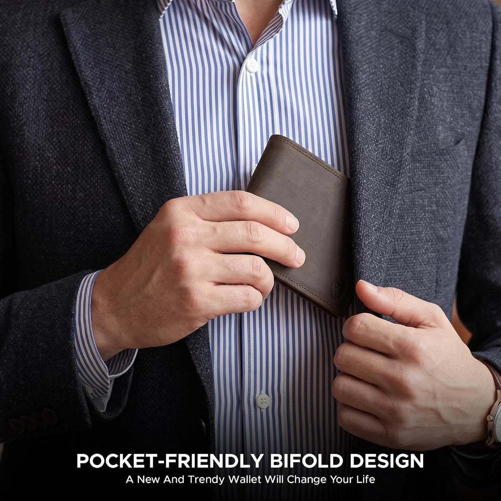 Billetera plegable de cuero de grano superior para hombres | Cartera de bloqueo RFID de doble costura con 2 ventanas para identificación y 10 ranuras para tarjetas, Marrón moca, Bifold