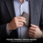 Billetera plegable de cuero de grano superior para hombres | Cartera de bloqueo RFID de doble costura con 2 ventanas para identificación y 10 ranuras para tarjetas, Marrón moca, Bifold